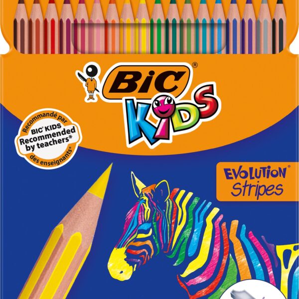 Lot de 24 crayons de couleur BIC Stripes avec une mine extra résistante et des couleurs lumineuses - parfait pour la rentrée scolaire et les activités créatives !