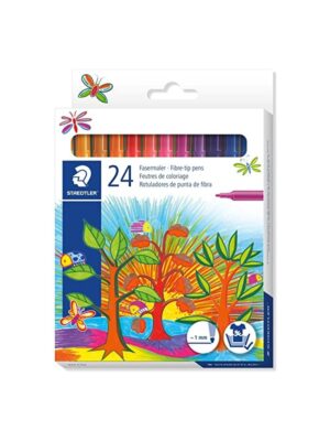 Lot de 24 feutres Staedtler avec bouchons ventilés ISO. Largeur de trait 1,0 mm. Disponibles en 12 couleurs. Parfait pour la rentrée discount et les activités de coloriage et dessin