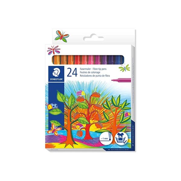 Lot de 24 feutres Staedtler avec bouchons ventilés ISO. Largeur de trait 1,0 mm. Disponibles en 12 couleurs. Parfait pour la rentrée discount et les activités de coloriage et dessin