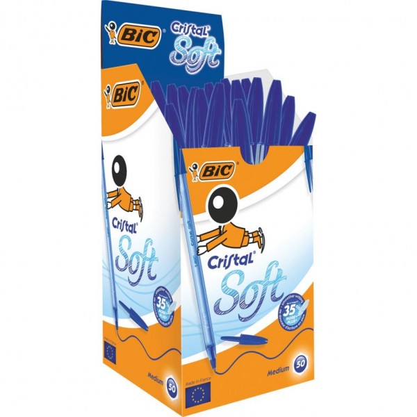 Lot de 50 Stylos BIC Cristal Soft - Pointe moyenne 1.2mm - Encre douce - Bleu Ciel