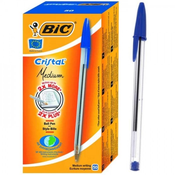 Lot de 50 Stylos Cristal Medium BIC Bleu pour l'écriture de qualité à petit prix