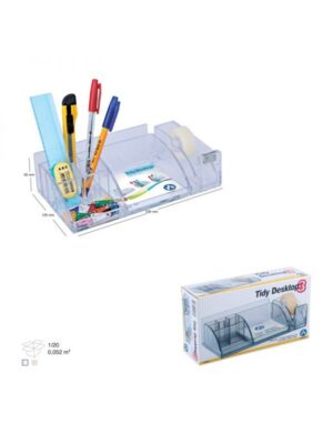 Organiseur de Bureau Transparent ARK 2043K TR - Compartiments pour Stylos, Règle, Cutter, Trombones, Agrafes, Gomme, Papier, Cartes de Visite et Distributeur de Scotch