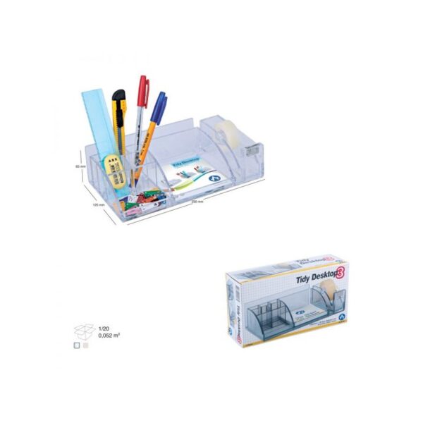 Organiseur de Bureau Transparent ARK 2043K TR - Compartiments pour Stylos, Règle, Cutter, Trombones, Agrafes, Gomme, Papier, Cartes de Visite et Distributeur de Scotch