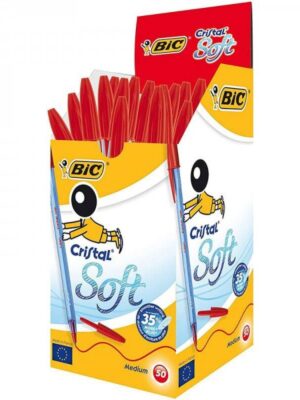 Pack de 50 Stylos BIC Cristal Soft Rouge - Pointe Moyenne de 1.2mm - Encre Douce et Confortable - Design Hexagonal - Fournitures de Bureau