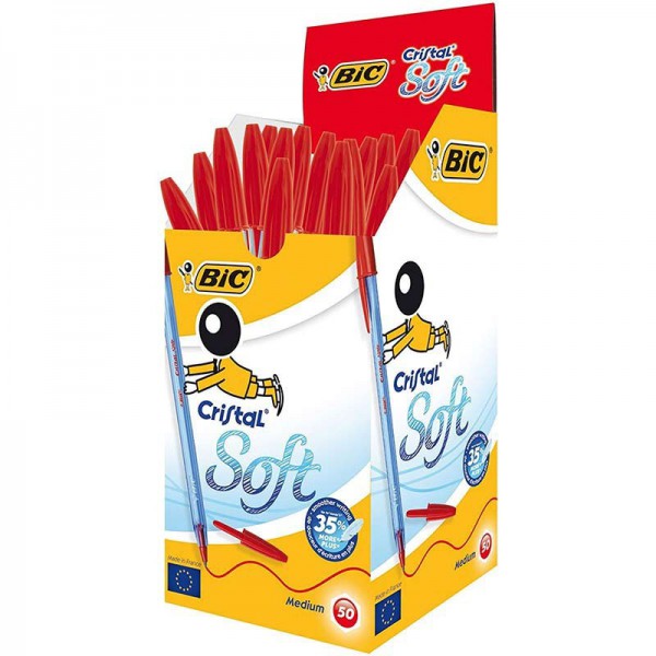 Pack de 50 Stylos BIC Cristal Soft Rouge - Pointe Moyenne de 1.2mm - Encre Douce et Confortable - Design Hexagonal - Fournitures de Bureau