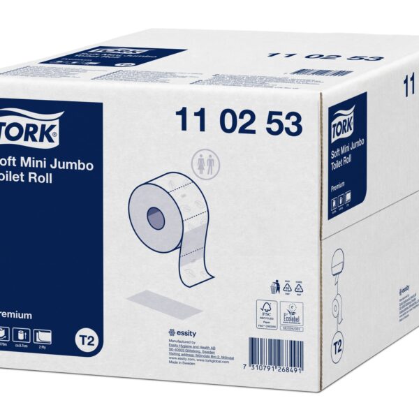 Papier toilette Mini Jumbo doux Premium Tork - 850 feuilles blanches, système T2, gaufrage - Hygiène & Entretien