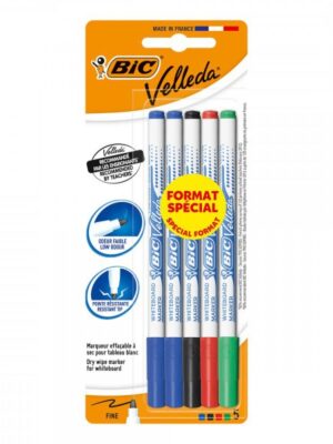 Set de 4+1 marqueurs fins effaçables pour tableau blanc Velleda 1741 - Assortiment de couleurs - Encre à base d'alcool - Pointe fine et bloquée - Parfait pour l'école et la maison