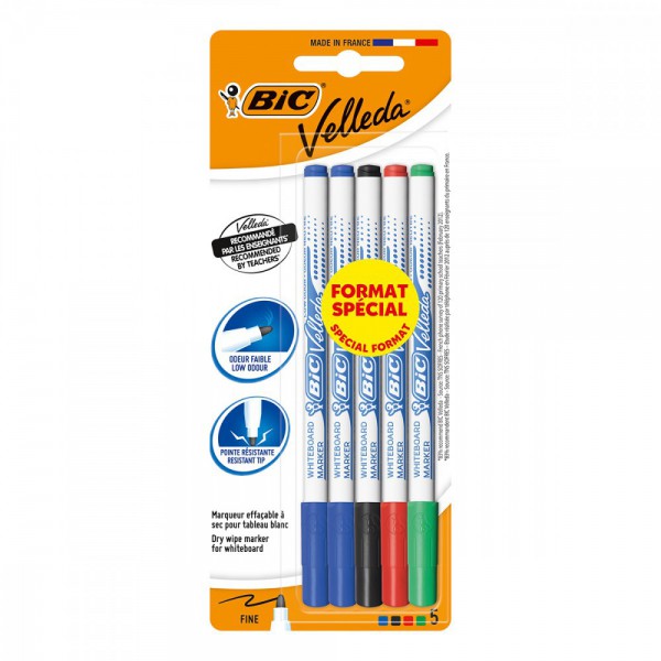 Set de 4+1 marqueurs fins effaçables pour tableau blanc Velleda 1741 - Assortiment de couleurs - Encre à base d'alcool - Pointe fine et bloquée - Parfait pour l'école et la maison