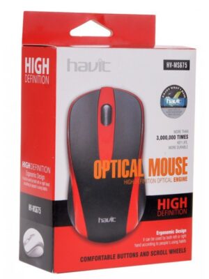 Souris optique USB HV-MS675 rouge pour un confort optimal - 1000 DPI et design ergonomique - Accessoire informatique pratique et indispensable