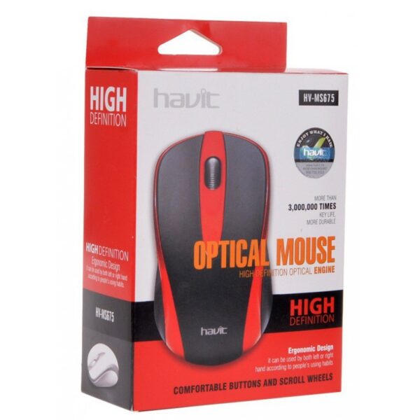 Souris optique USB HV-MS675 rouge pour un confort optimal - 1000 DPI et design ergonomique - Accessoire informatique pratique et indispensable