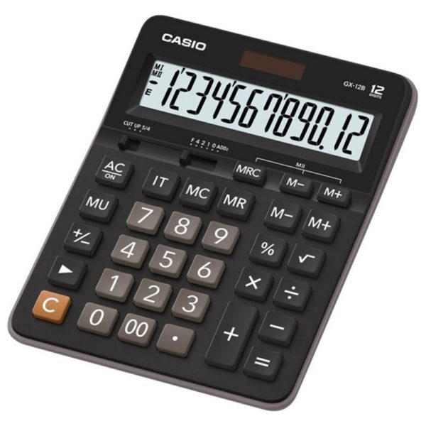 Calculatrice de Bureau Casio GX-12B - Écran LCD 12 Chiffres - Fonctions de Calcul de Base - Alimentation Solaire et Batterie - Noir