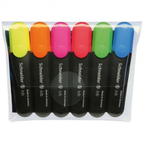 Ensemble de 6 surligneurs fluorescents Schneider Job 150 assortis - Pointe biseautée et séchage rapide pour une luminosité maximale sur tous types de papier