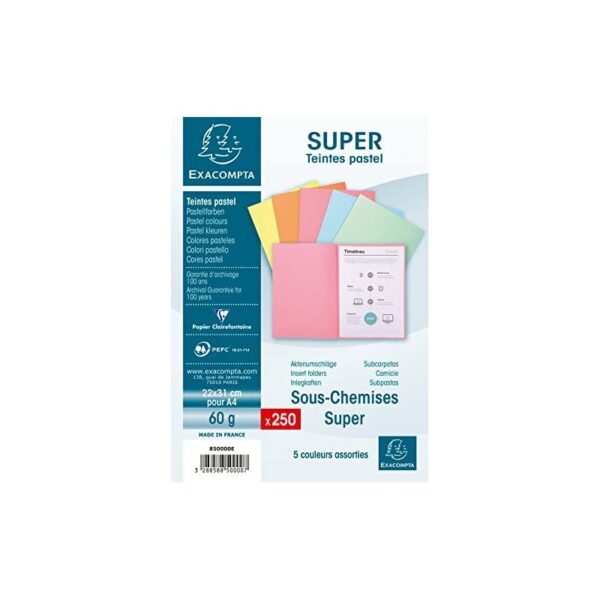 Lot de 250 sous-chemises Exacompta Super PQ 60g assorties - Organisation de vos documents avec élégance