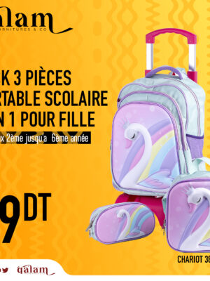 Pack 3 Pieces Cartable scolaire d'école primaire pour Fille 2ème jusqu’au 6ème