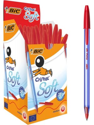 PAQUET DE 50 STYLOS A BILLE BIC SOFT ROUGE CRISTAL