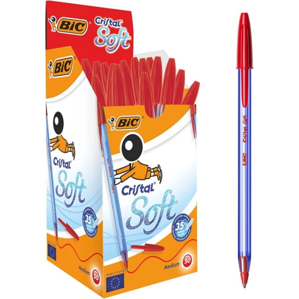 PAQUET DE 50 STYLOS A BILLE BIC SOFT ROUGE CRISTAL